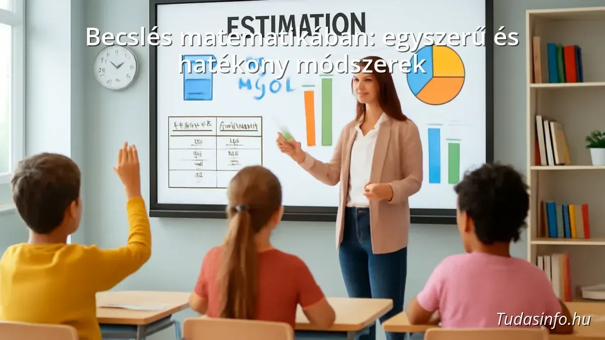 Students learning mathematical estimation in a classroom with charts and digital board